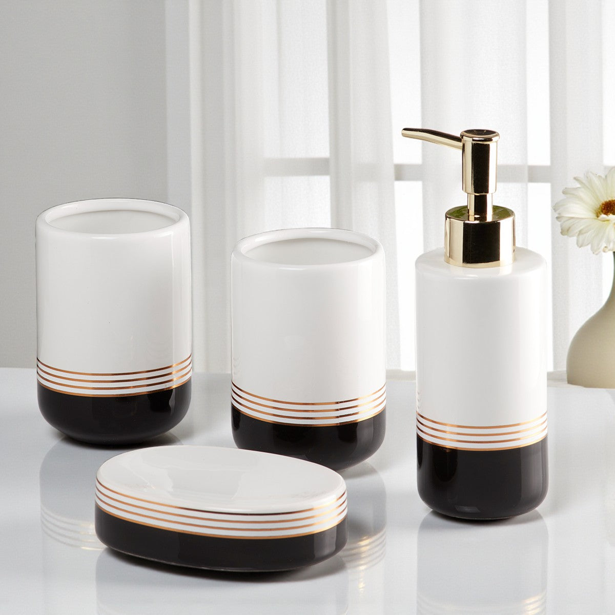 Ceramic Bathroom Set of 4 with Soap Dispenser (7656)
