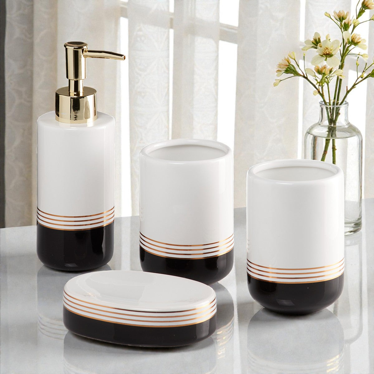 Ceramic Bathroom Set of 4 with Soap Dispenser (7654)