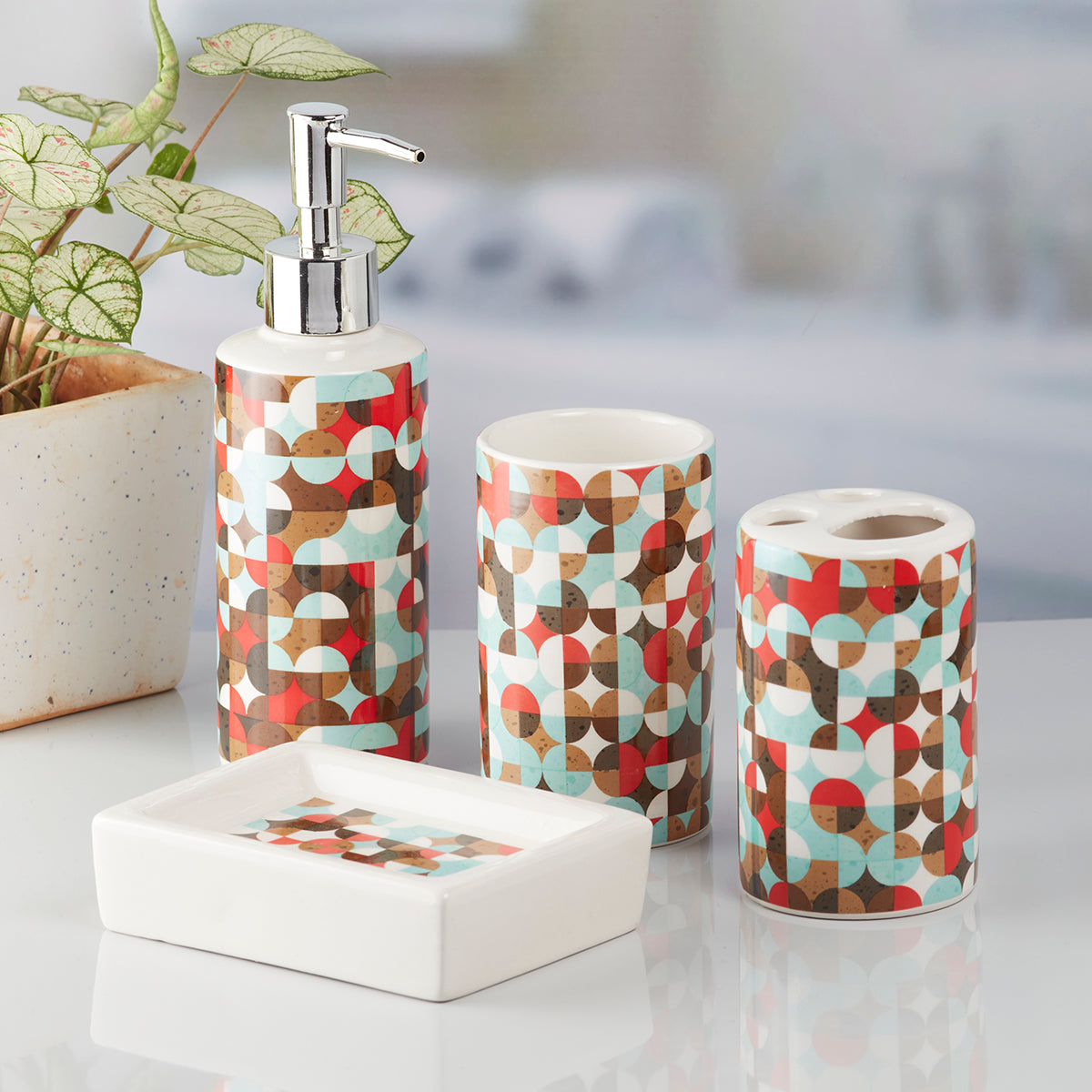 Ceramic Bathroom Set of 4 with Soap Dispenser (7688)