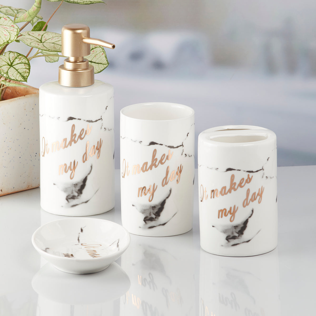 Ceramic Bathroom Set of 4 with Soap Dispenser (7694)