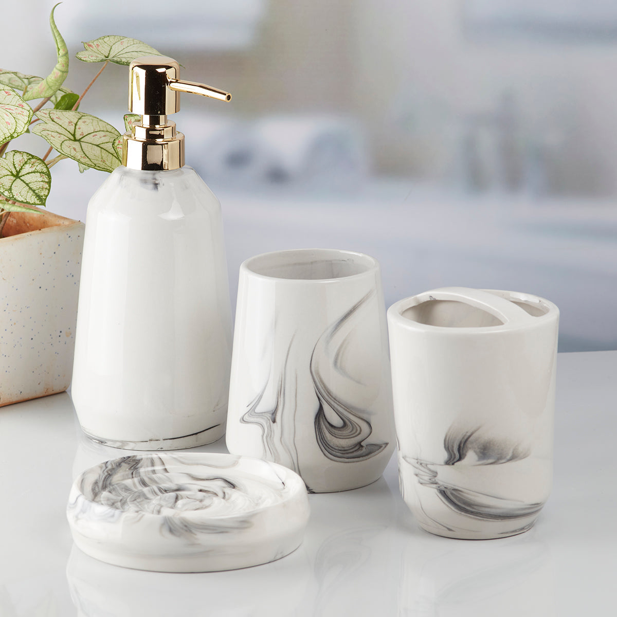 Ceramic Bathroom Accessories Set of 4 with Soap Dispenser (7712)