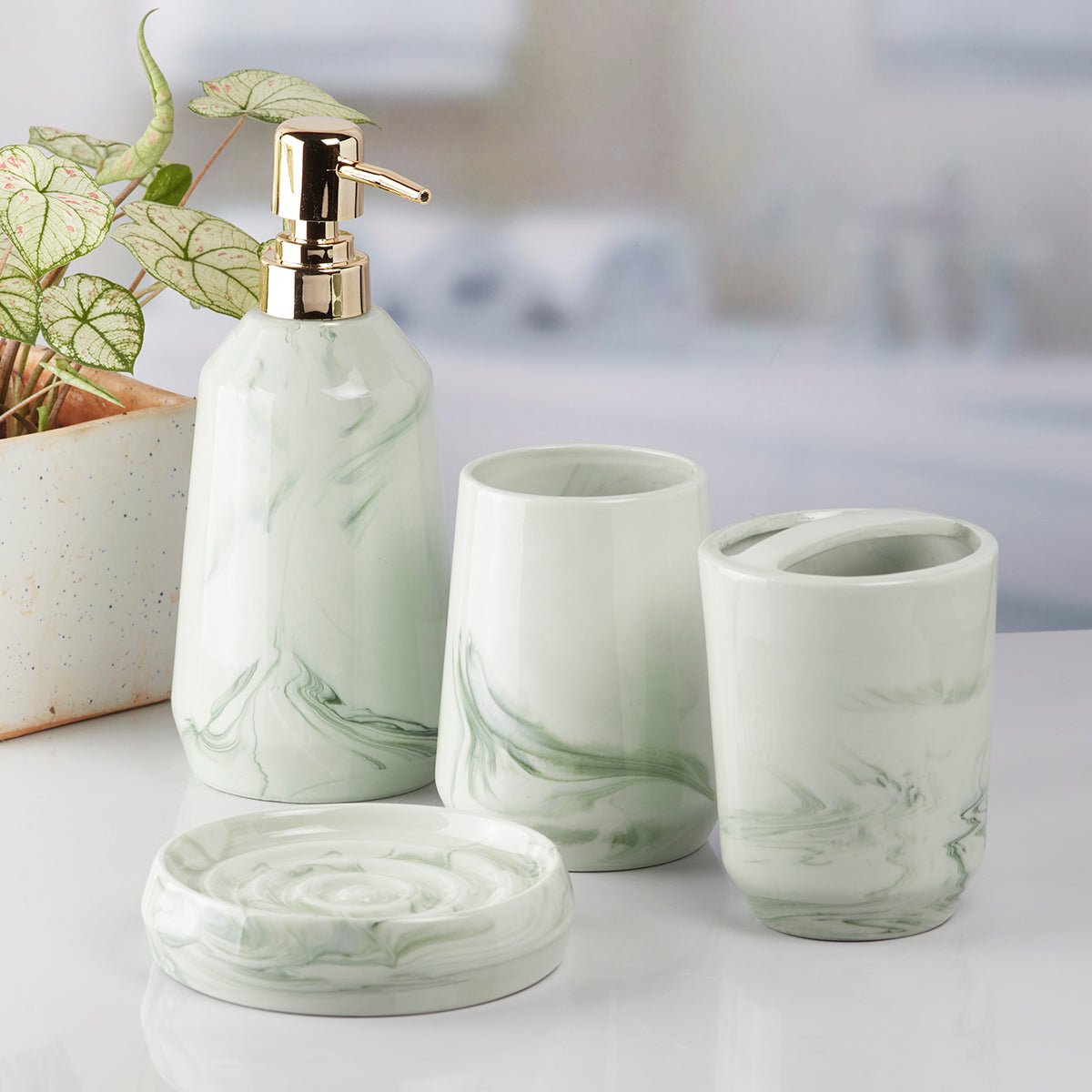 Ceramic Bathroom Accessories Set of 4 with Soap Dispenser (7712)