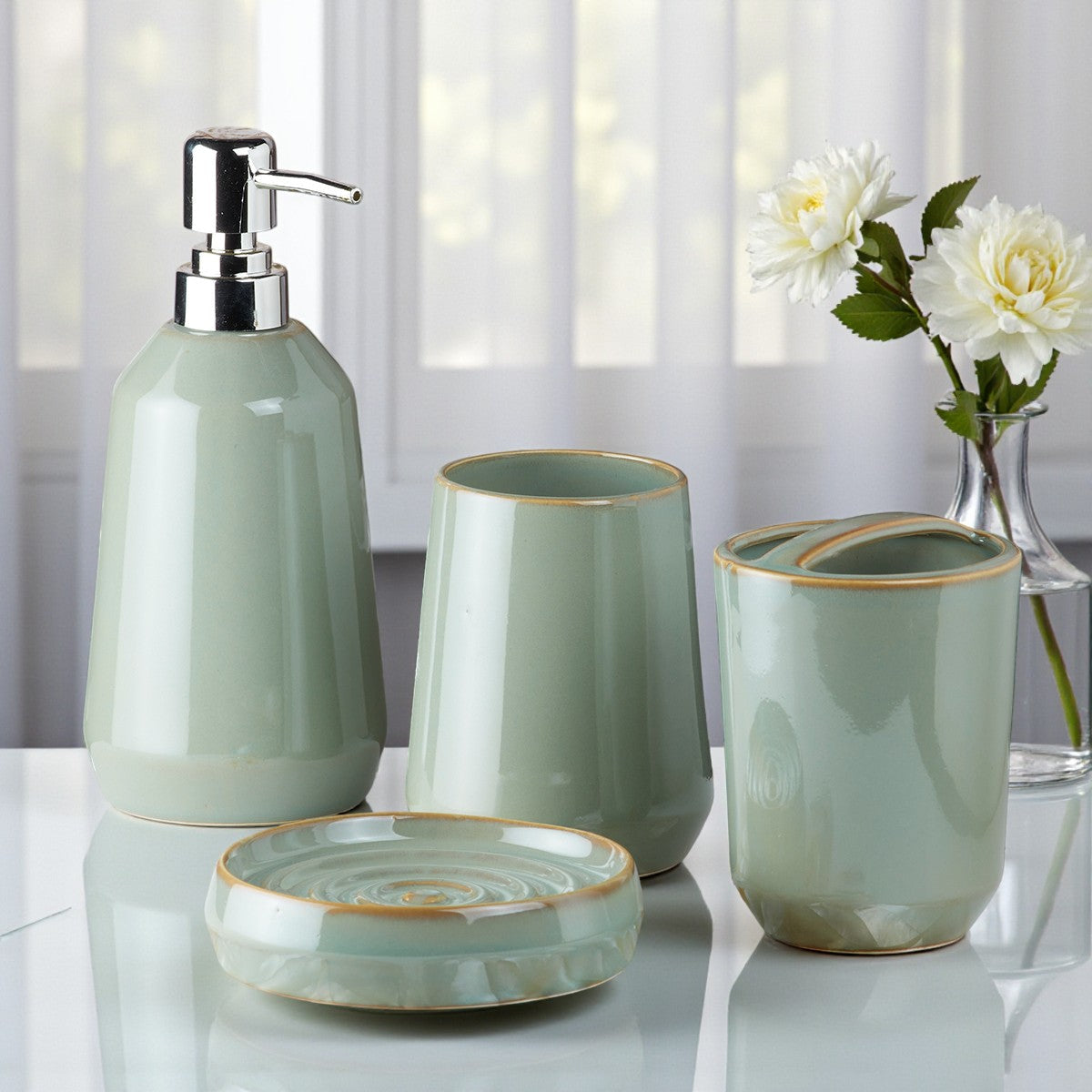 Ceramic Bathroom Set of 4 with Soap Dispenser (7714)