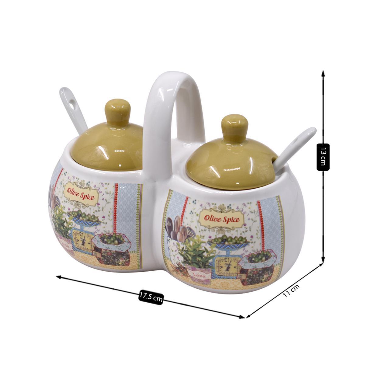 Ceramic Twin Condiment Jars with Lid & Spoon for Kitchen, (209W)