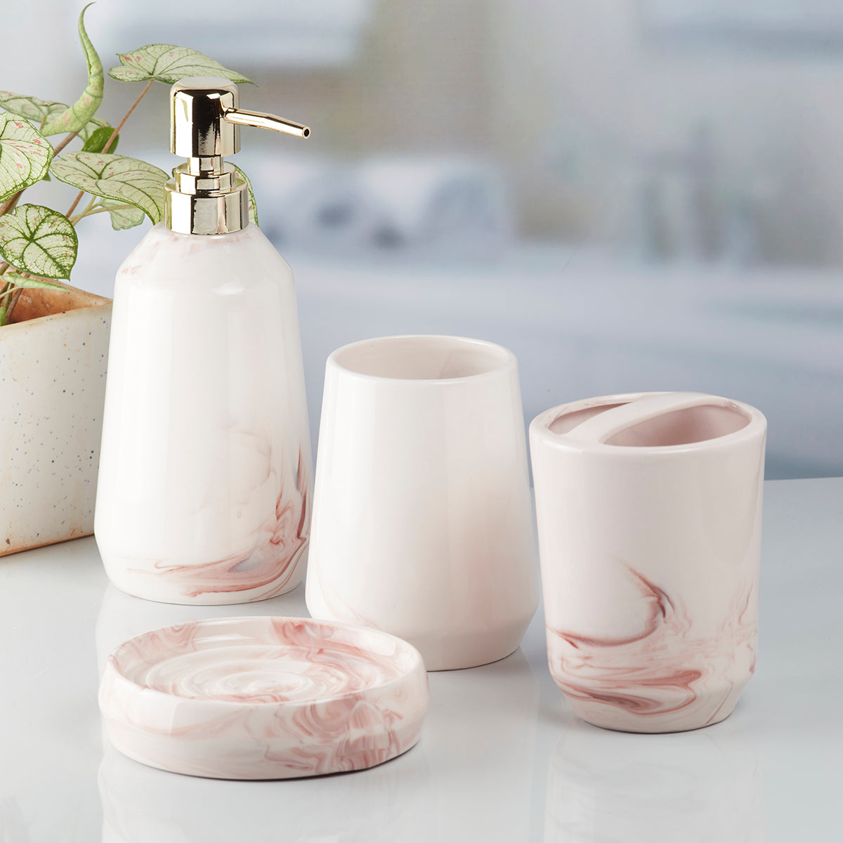 Ceramic Bathroom Accessories Set of 4 with Soap Dispenser (7941)