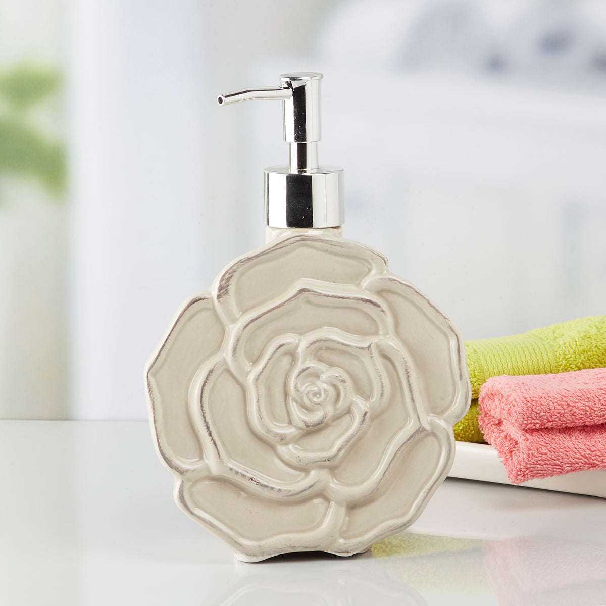 Kookee Ceramic Soap Dispenser for Bathroom handwash, refillable pump bottle for Kitchen hand wash basin, Set of 1, Beige (7961)