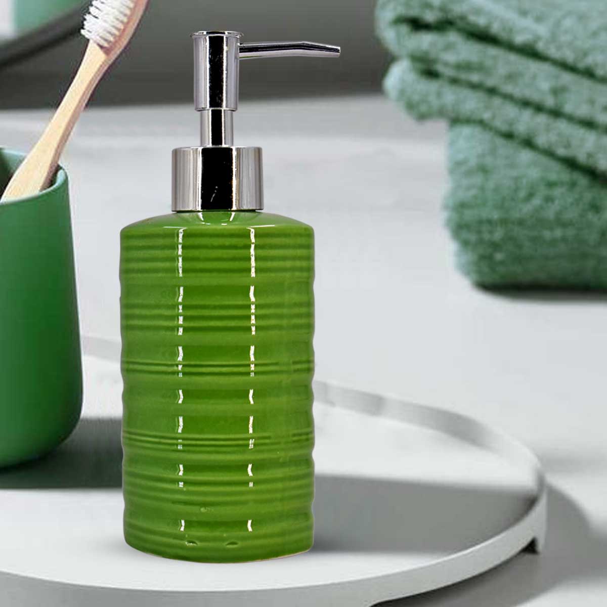 Kookee Ceramic Soap Dispenser for Bathroom handwash, refillable pump bottle for Kitchen hand wash basin, Set of 1, Green (7974)