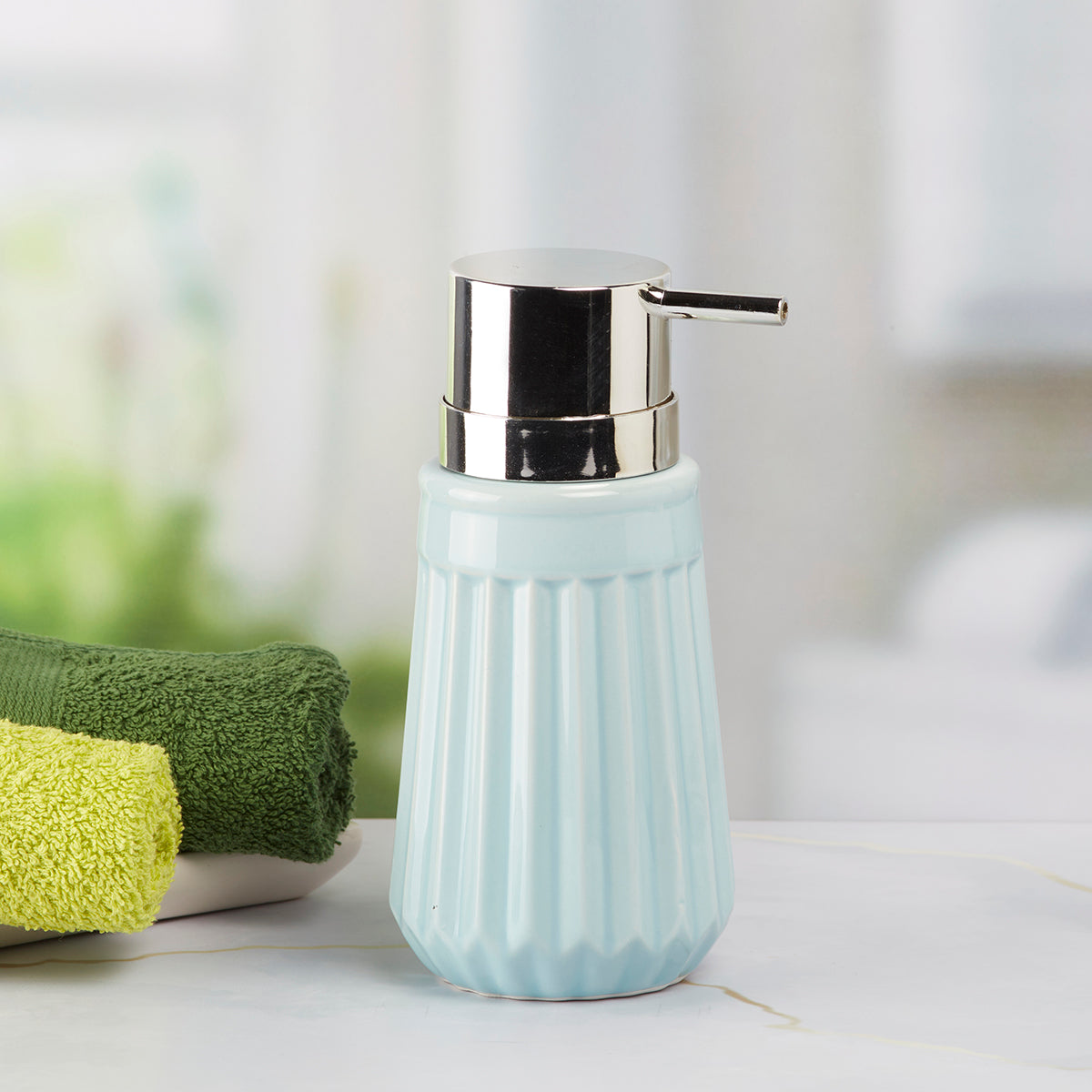 Kookee Ceramic Soap Dispenser for Bathroom handwash, refillable pump bottle for Kitchen hand wash basin, Set of 1, Blue (7980)