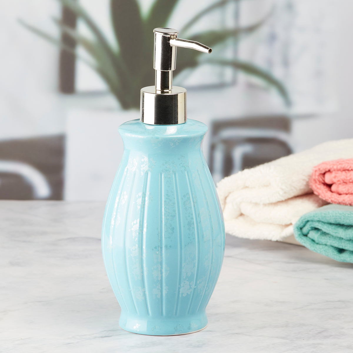 Kookee Ceramic Soap Dispenser for Bathroom handwash, refillable pump bottle for Kitchen hand wash basin, Set of 1, Blue (8005)