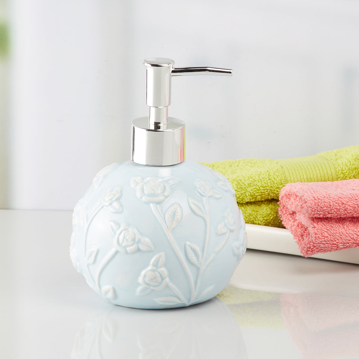 Kookee Ceramic Soap Dispenser for Bathroom handwash, refillable pump bottle for Kitchen hand wash basin, Set of 1, Blue (8016)