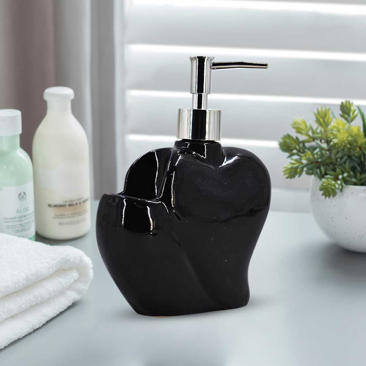 Kookee Ceramic Soap Dispenser for Bathroom handwash, refillable pump bottle for Kitchen hand wash basin, Set of 1, Black (8028)