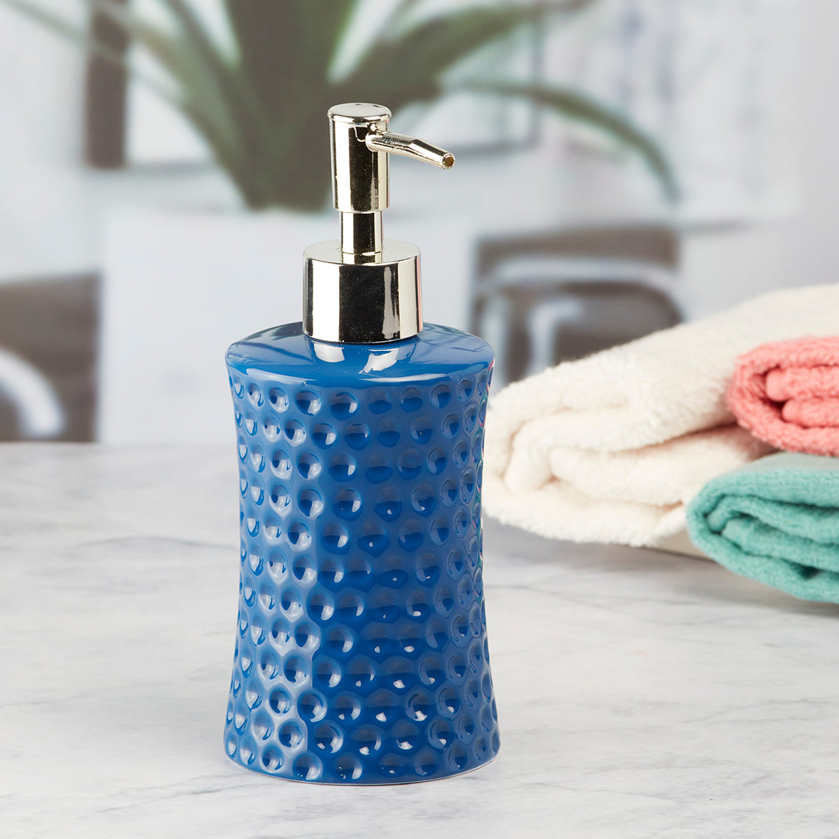 Kookee Ceramic Soap Dispenser for Bathroom handwash, refillable pump bottle for Kitchen hand wash basin, Set of 1, Blue (8038)