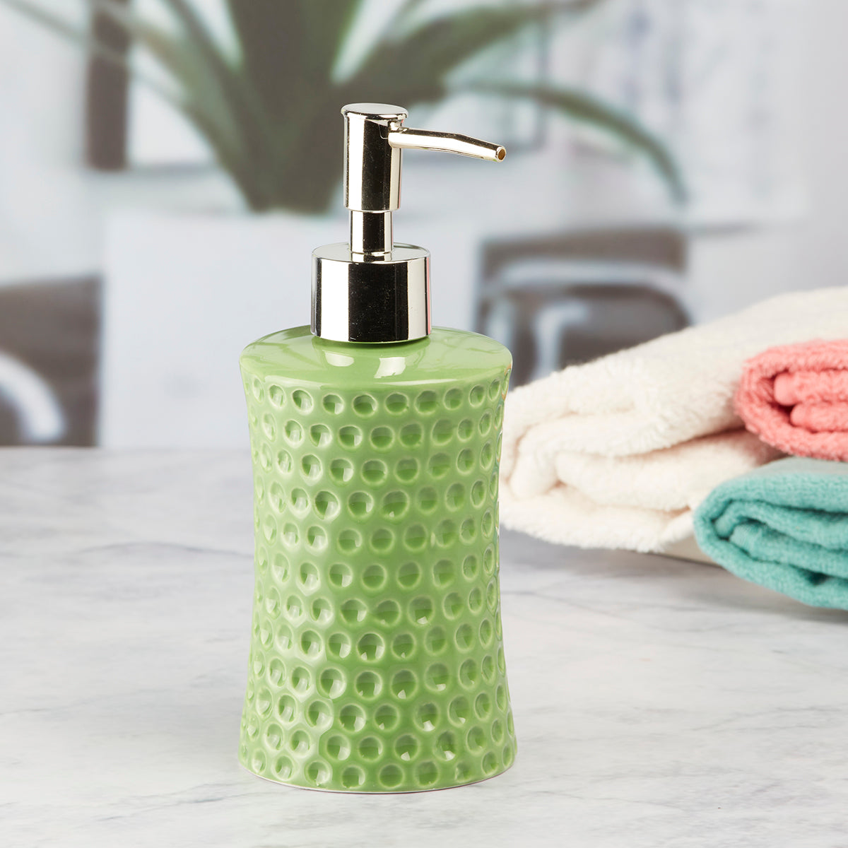 Kookee Ceramic Soap Dispenser for Bathroom handwash, refillable pump bottle for Kitchen hand wash basin, Set of 1, Green (8042)