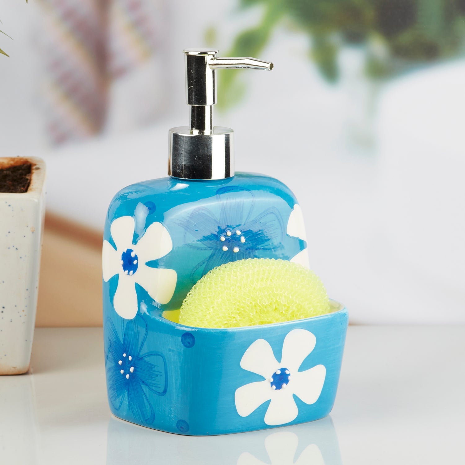 Kookee Ceramic Soap Dispenser for handwash for Bathroom, Blue, (Set of 1) (8044)