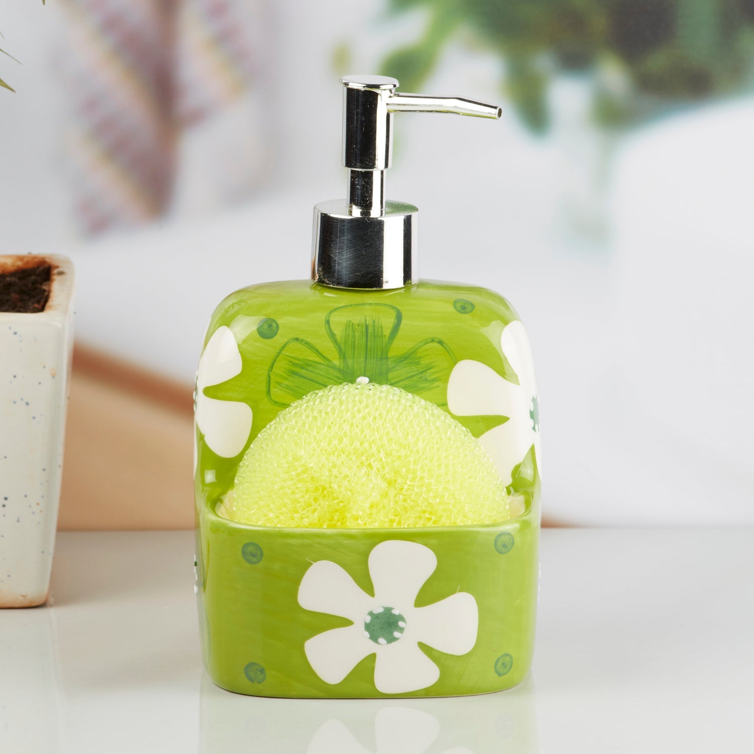 Ceramic Soap Dispenser handwash Pump for Bathroom, Set of 1, Green (8046)