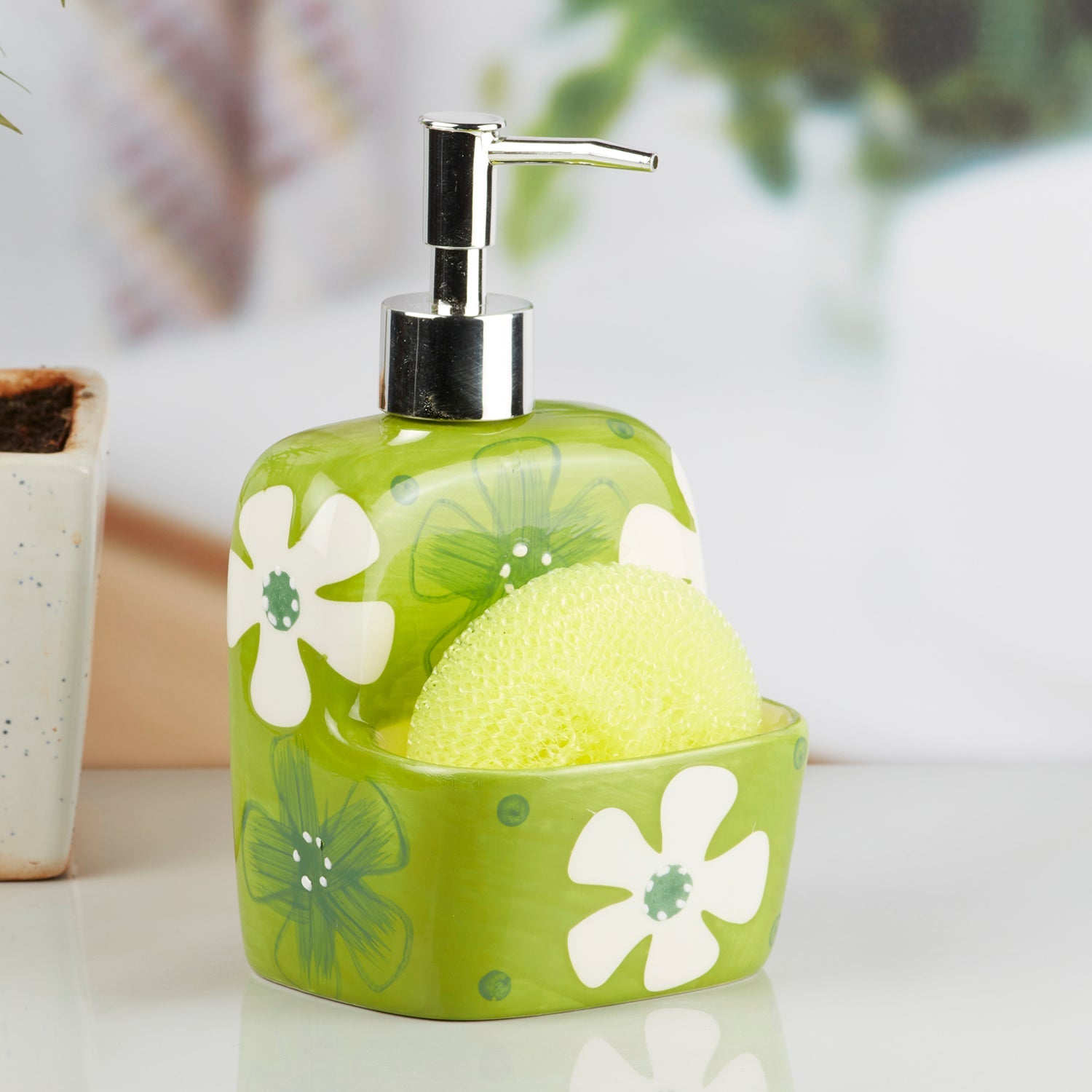Kookee Ceramic Soap Dispenser for Bathroom handwash, refillable pump bottle for Kitchen hand wash basin, Set of 1, Green (8046)