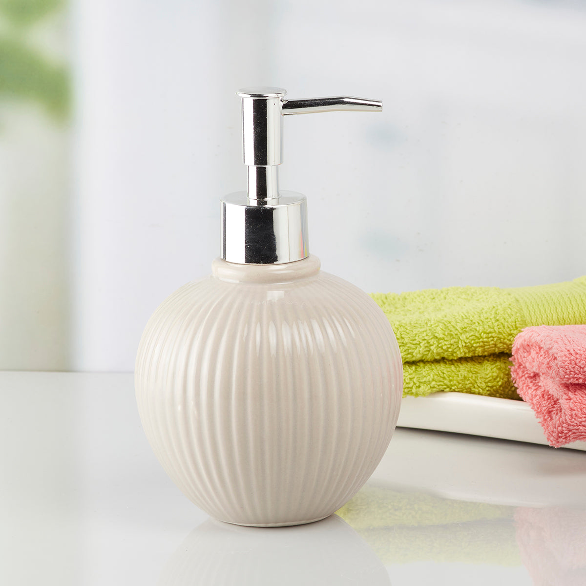 Kookee Ceramic Soap Dispenser for Bathroom handwash, refillable pump bottle for Kitchen hand wash basin, Set of 1, Beige (8050)