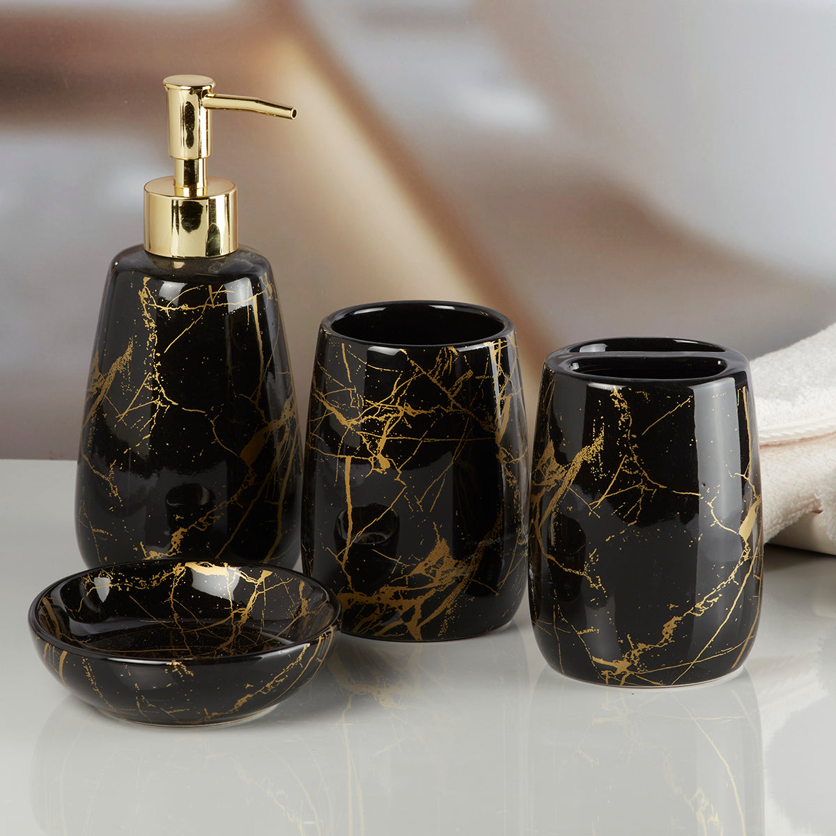 Ceramic Bathroom Accessories Set of 4 with Soap Dispenser (8062)