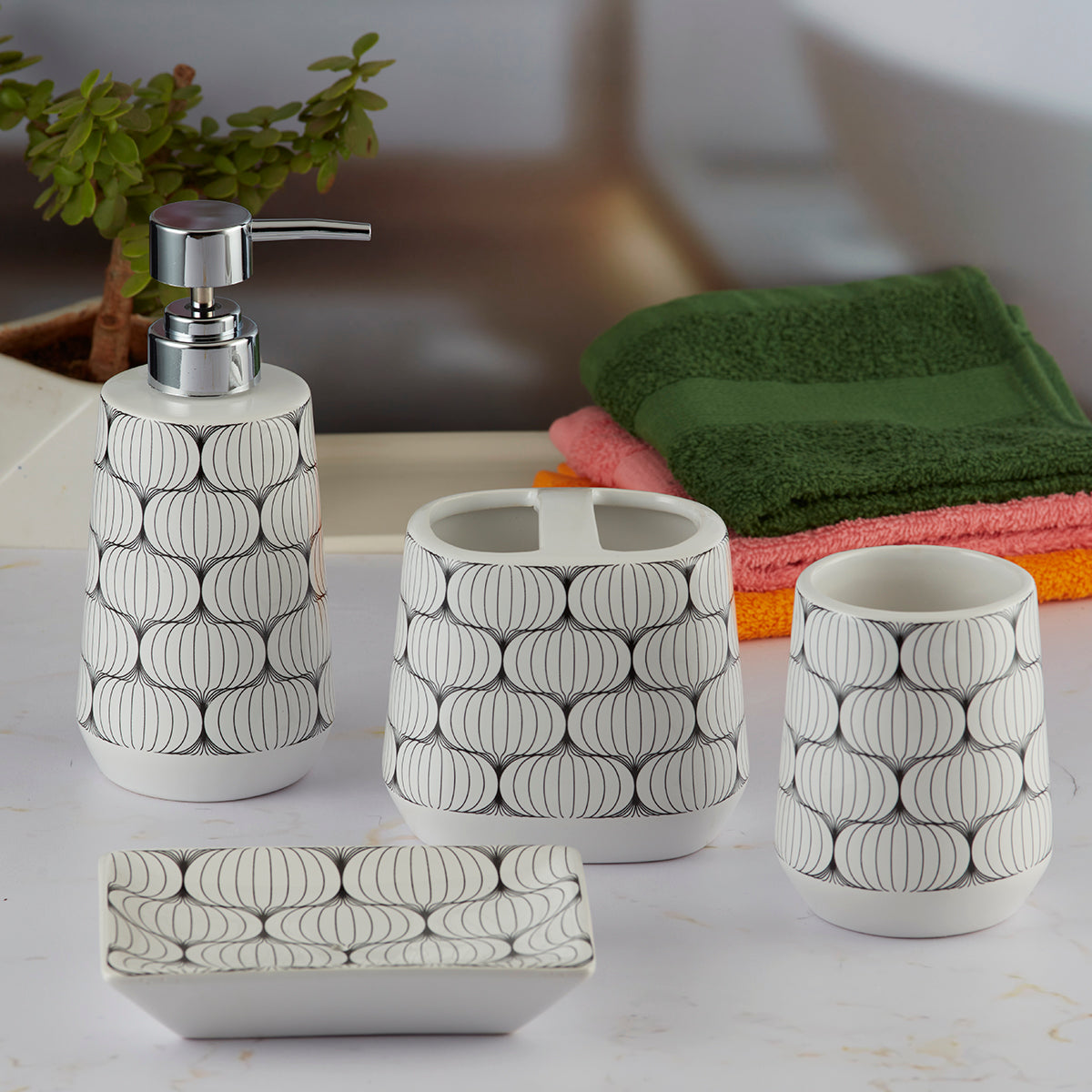 Ceramic Bathroom Accessories Set of 4 with Soap Dispenser (8064)