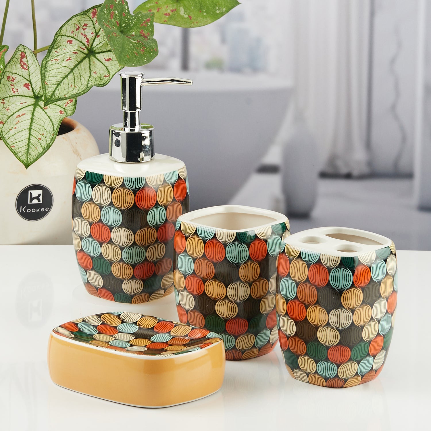 Ceramic Bathroom Set of 4 with Soap Dispenser (8068)