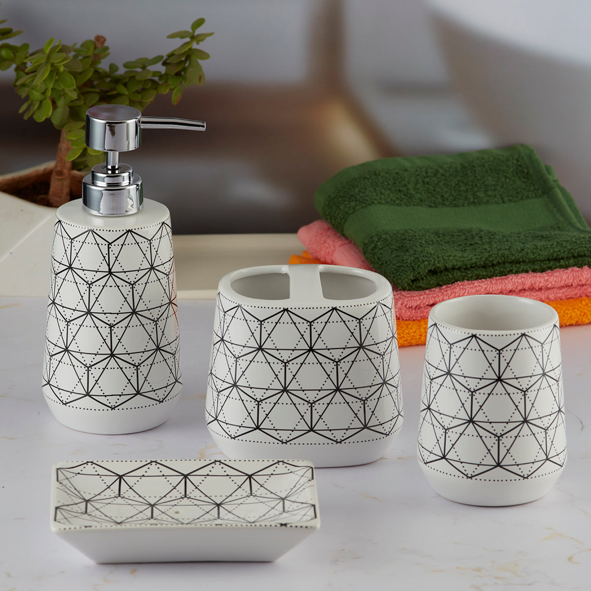 Ceramic Bathroom Accessories Set of 4 with Soap Dispenser (8064)