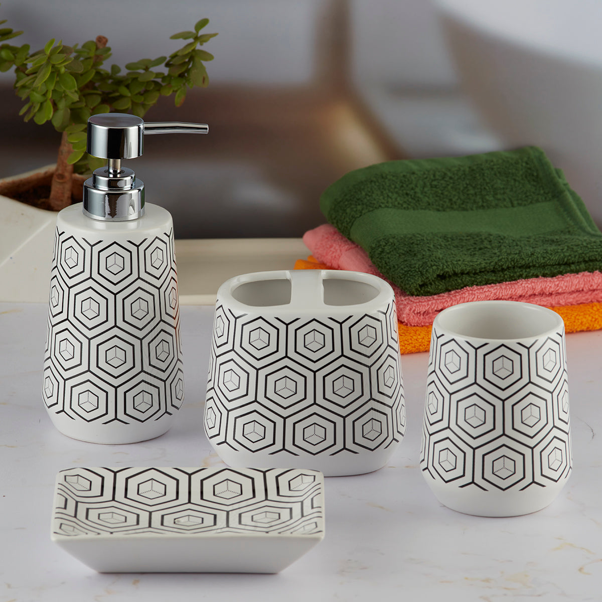 Ceramic Bathroom Accessories Set of 4 with Soap Dispenser (8064)