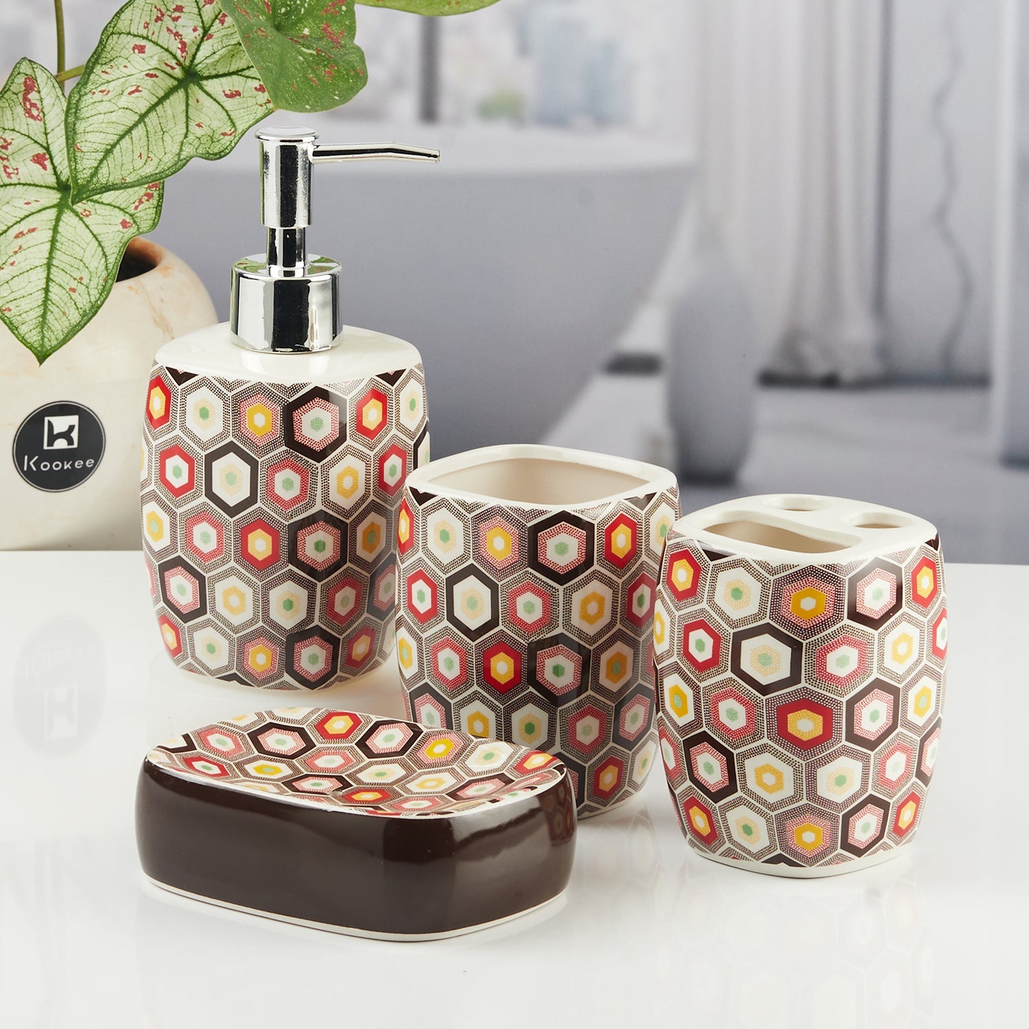 Ceramic Bathroom Set of 4 with Soap Dispenser (8068)