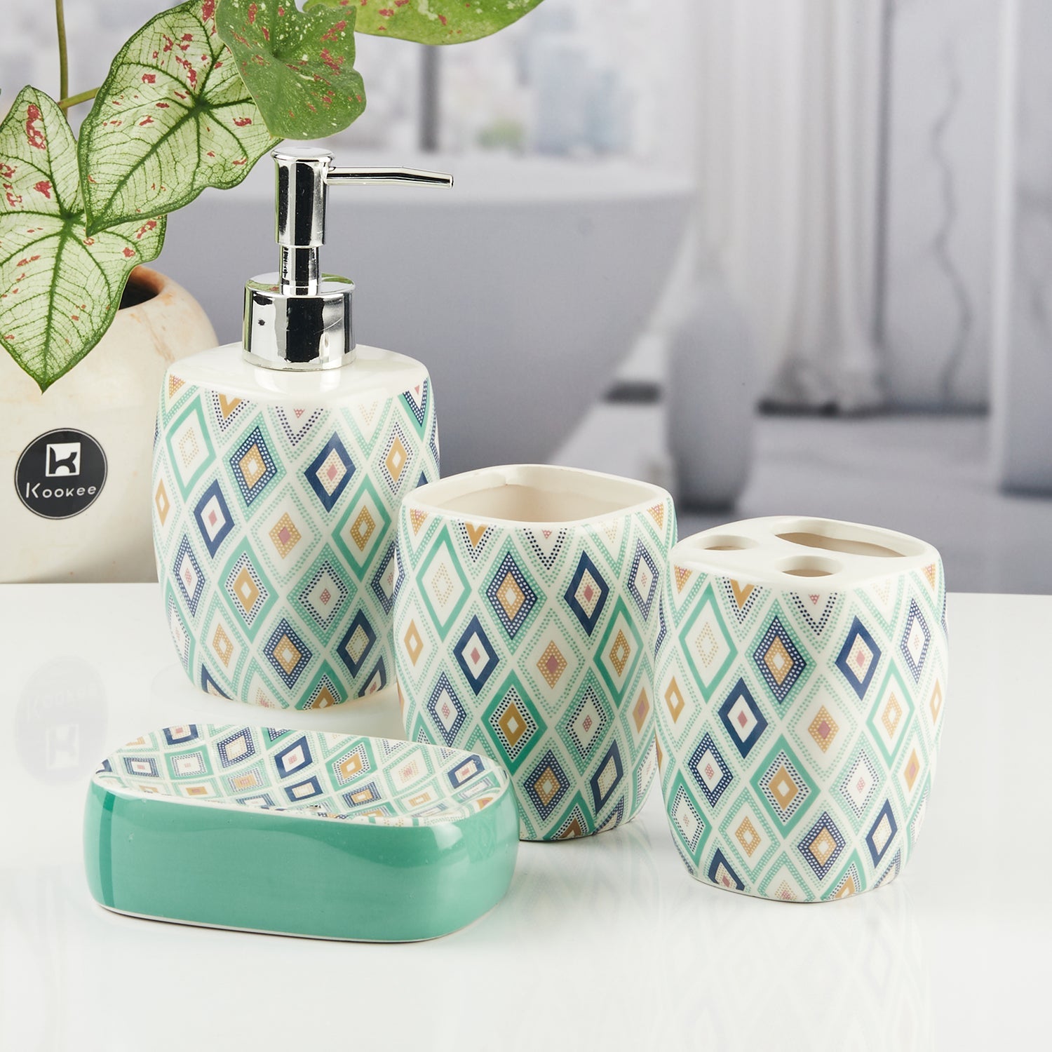 Ceramic Bathroom Set of 4 with Soap Dispenser (8068)