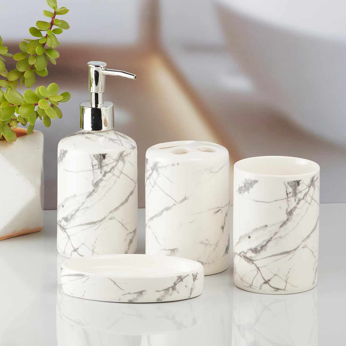 Kookee Ceramic Bathroom Accessories Set of 4, Modern Bath Set with Liquid handwash Soap Dispenser and Toothbrush holder, Luxury Gift Accessory for Home, White/Grey (8074)