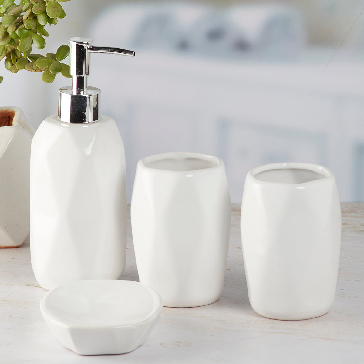 Ceramic Bathroom Accessories Set of 4 with Soap Dispenser (8121)