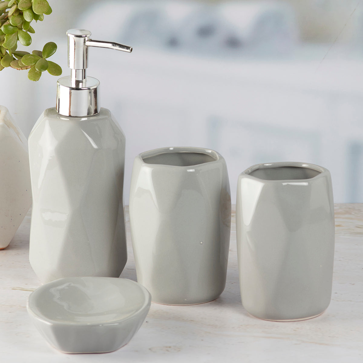 Ceramic Bathroom Accessories Set of 4 with Soap Dispenser (8121)