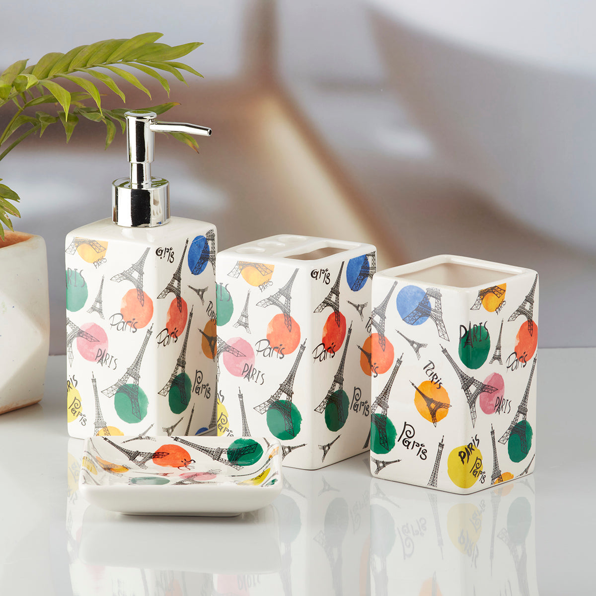 Ceramic Bathroom Set of 4 with Soap Dispenser (8138)