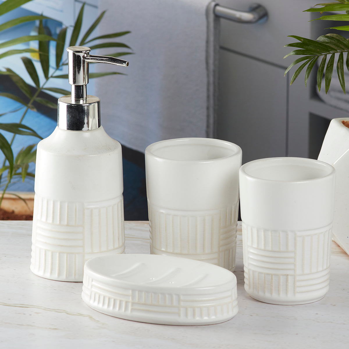 Ceramic Bathroom Accessories Set of 4 with Soap Dispenser (8142)