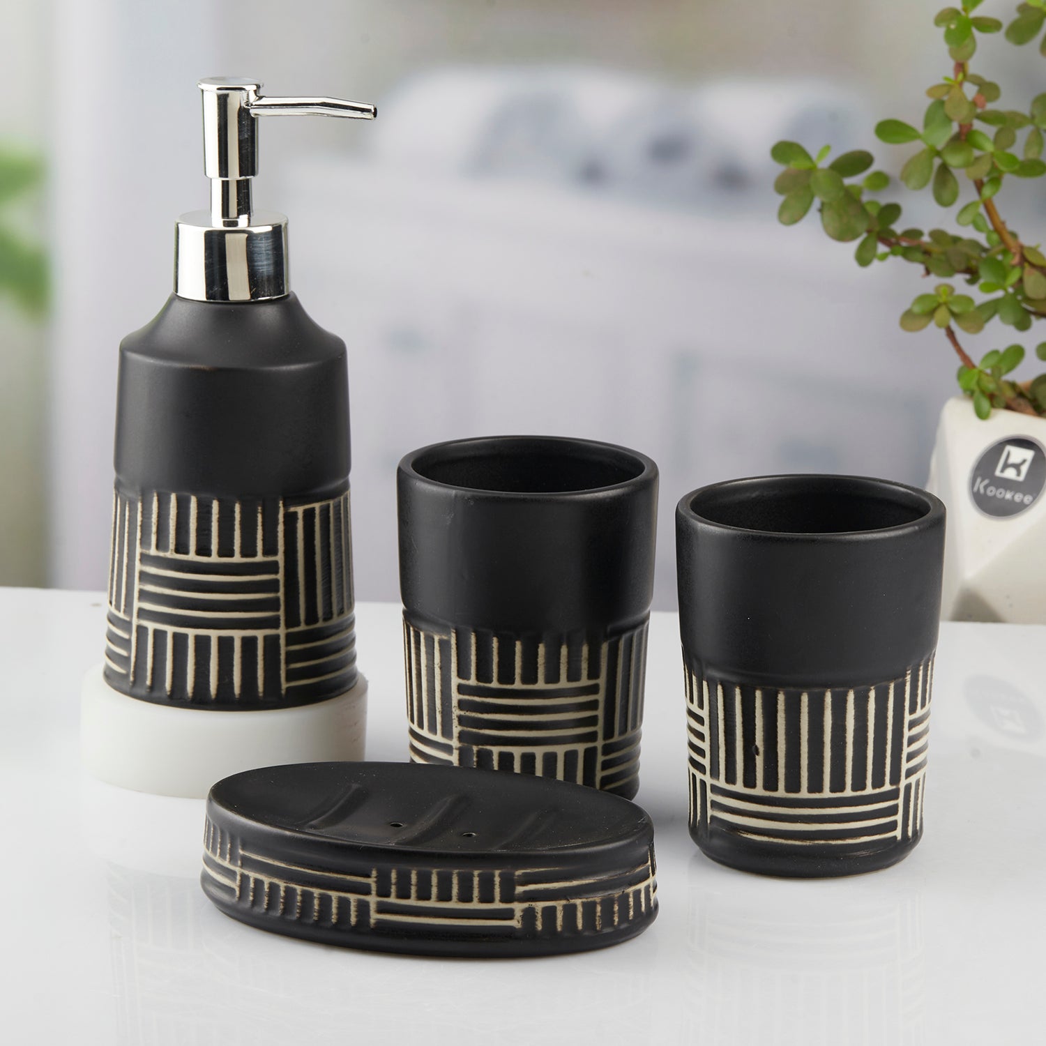 Ceramic Bathroom Accessories Set of 4 with Soap Dispenser (8142)
