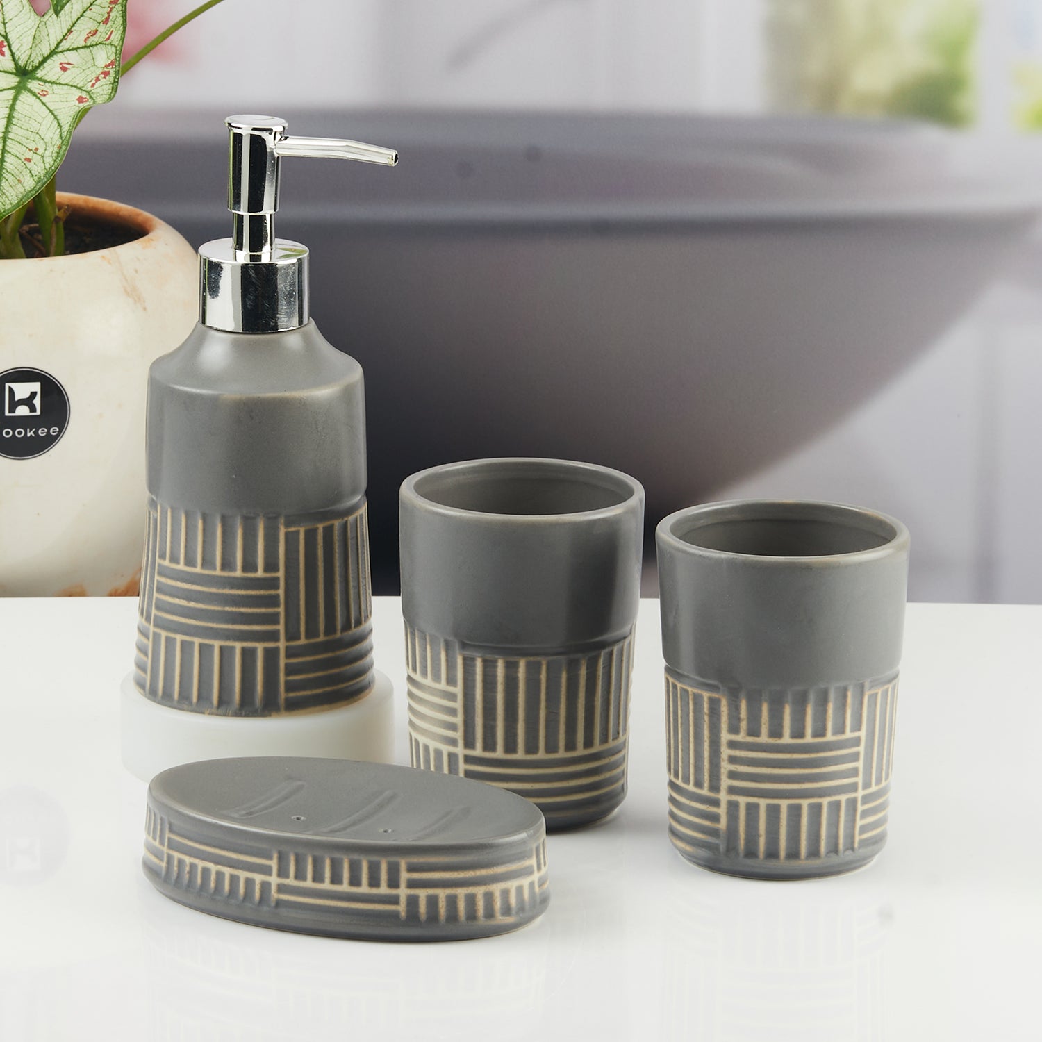 Ceramic Bathroom Accessories Set of 4 with Soap Dispenser (8142)