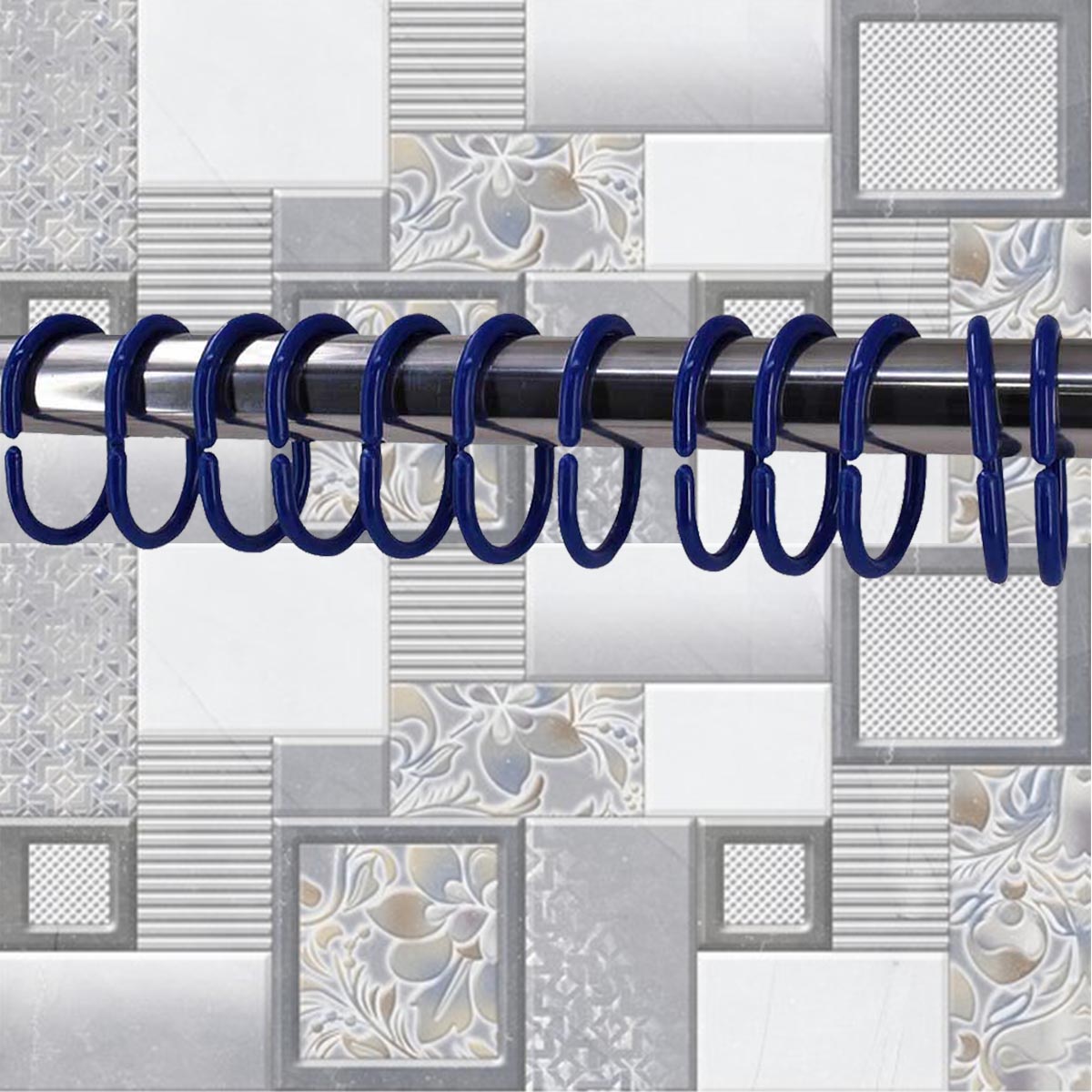 Kookee Shower Curtain Rings, Plastic Rust-proof, Unbreakable, Slides easily on Bath Drape Rod, Curtain Liner, 12 C shape Hooks - (JS160913) Royal blue