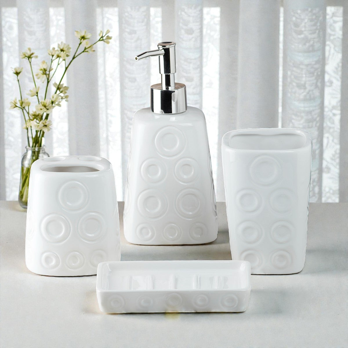 Ceramic Bathroom Accessories Set of 4 with Soap Dispenser (8158)