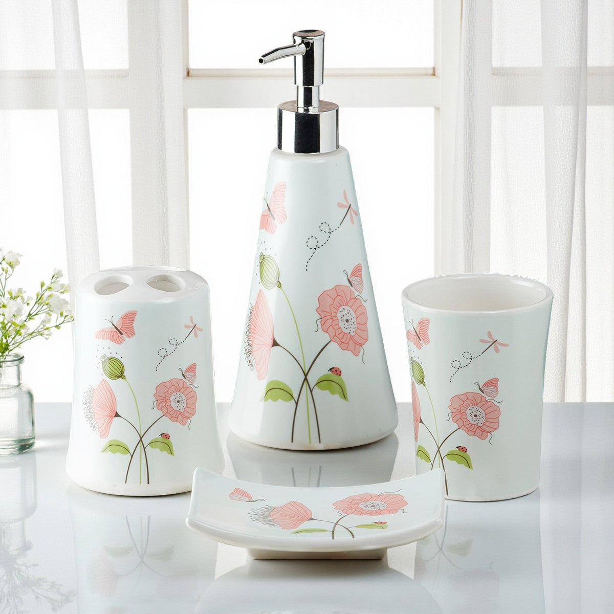 Ceramic Bathroom Accessories Set of 4 with Soap Dispenser (8170)