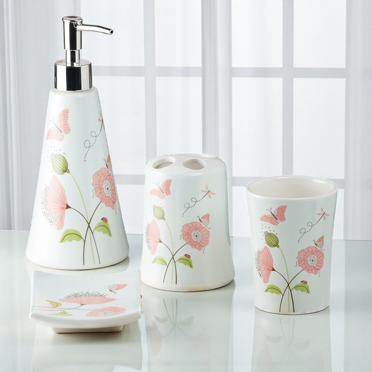 Ceramic Bathroom Accessories Set of 4 with Soap Dispenser (8170)