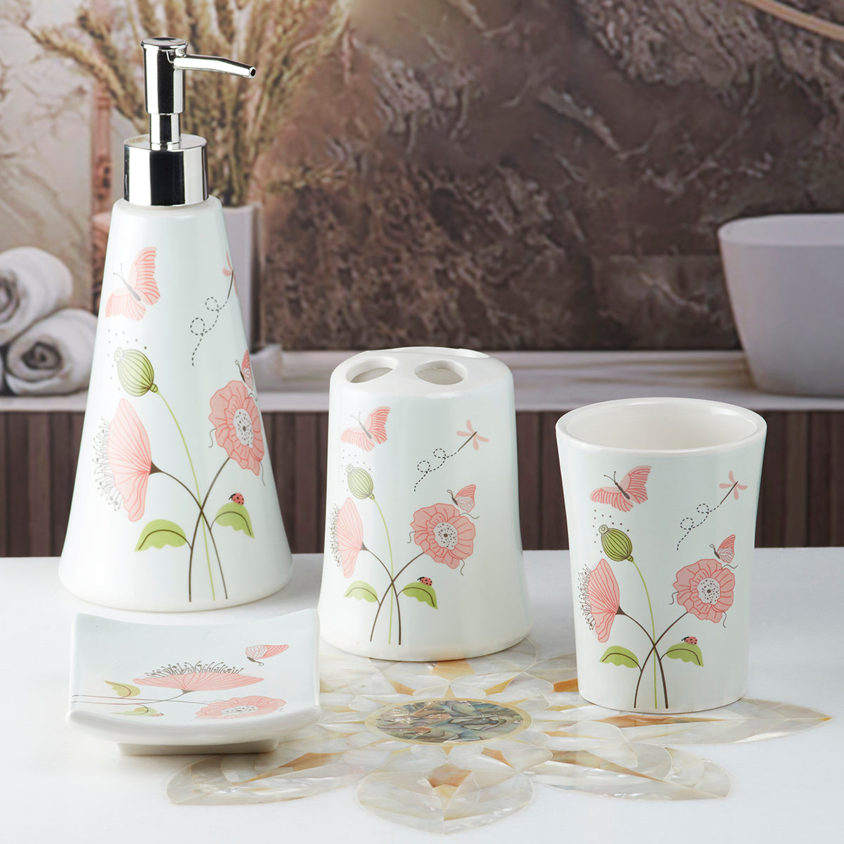 Ceramic Bathroom Accessories Set of 4 with Soap Dispenser (8170)