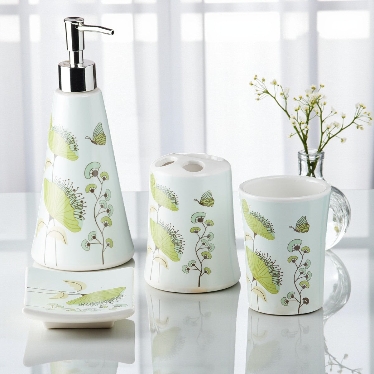 Ceramic Bathroom Accessories Set of 4 with Soap Dispenser (8171)