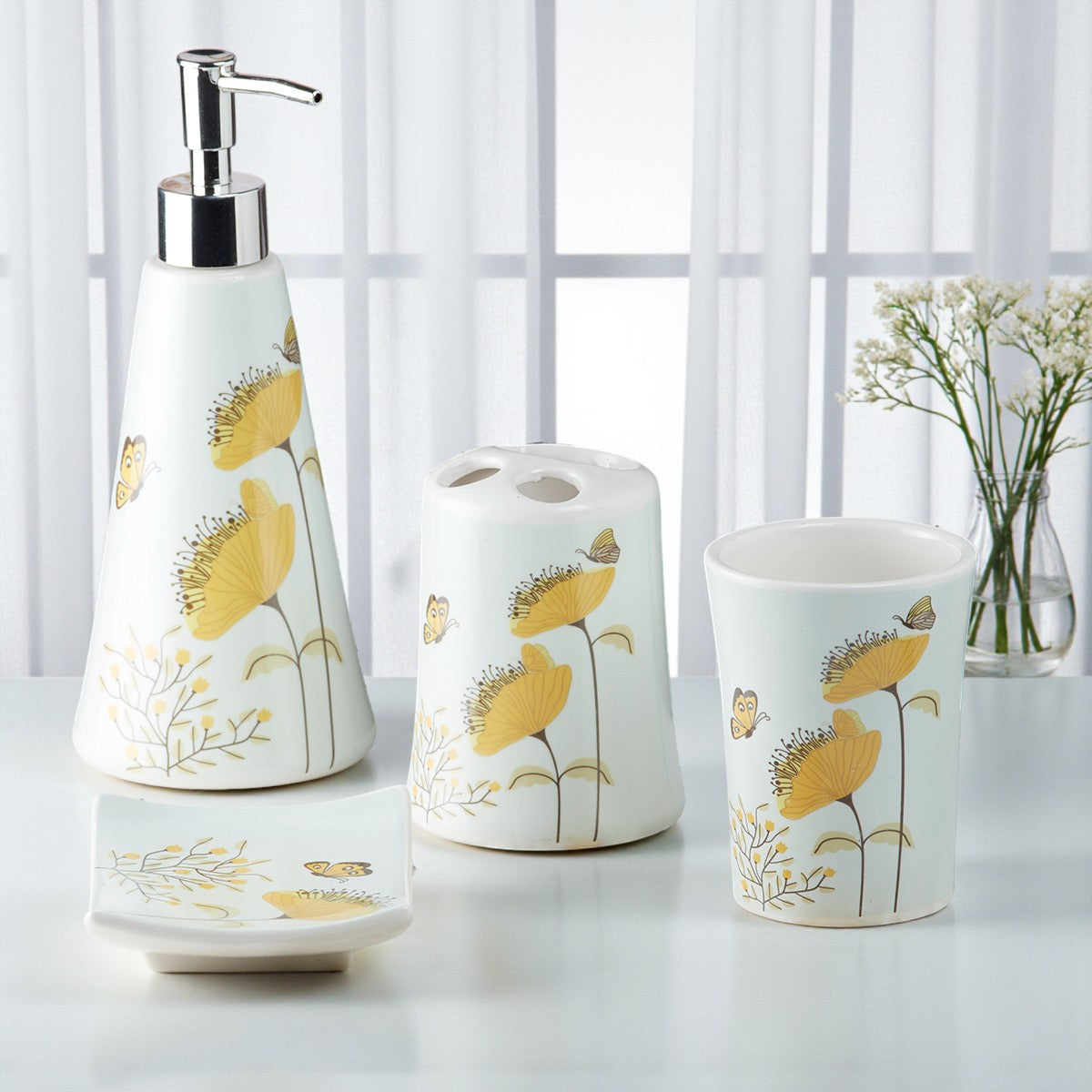 Ceramic Bathroom Accessories Set of 4 with Soap Dispenser (8170)