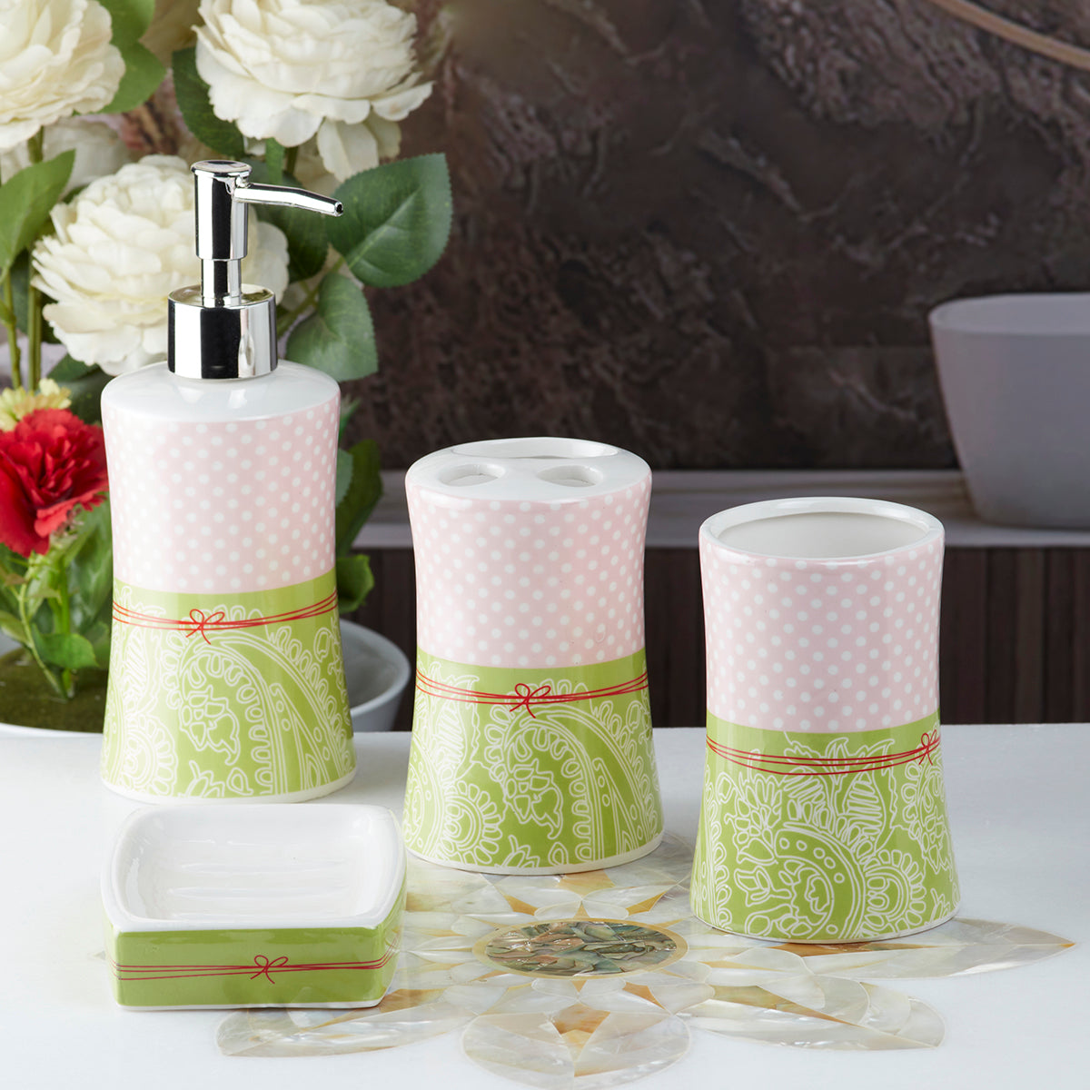 Ceramic Bathroom Accessories Set of 4 Bath Set with Soap Dispenser (8175)