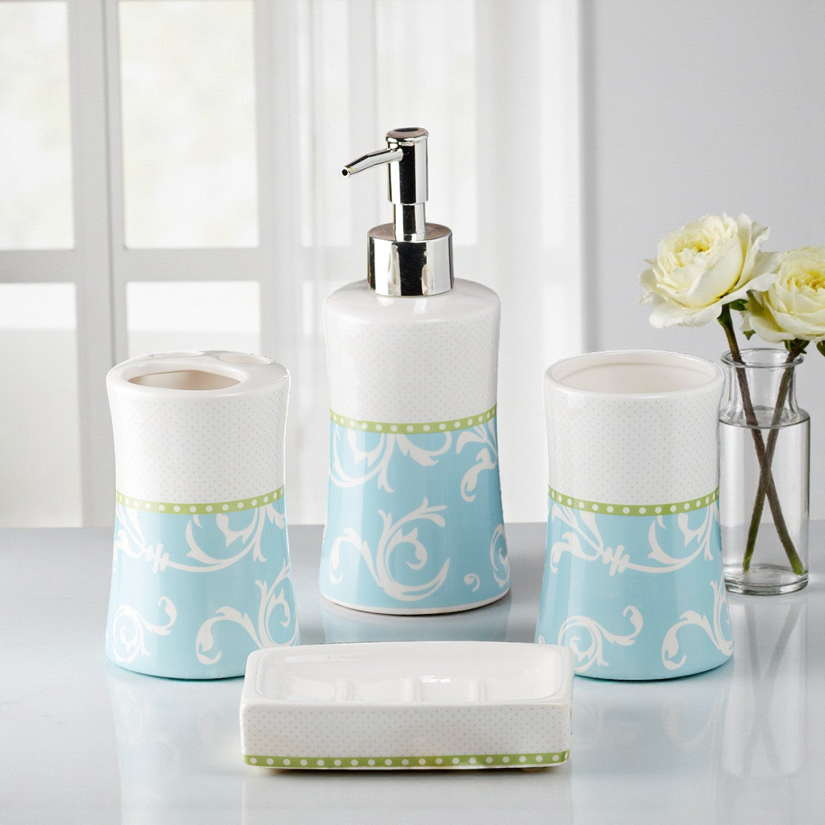 Ceramic Bathroom Set of 4 with Soap Dispenser (8174)