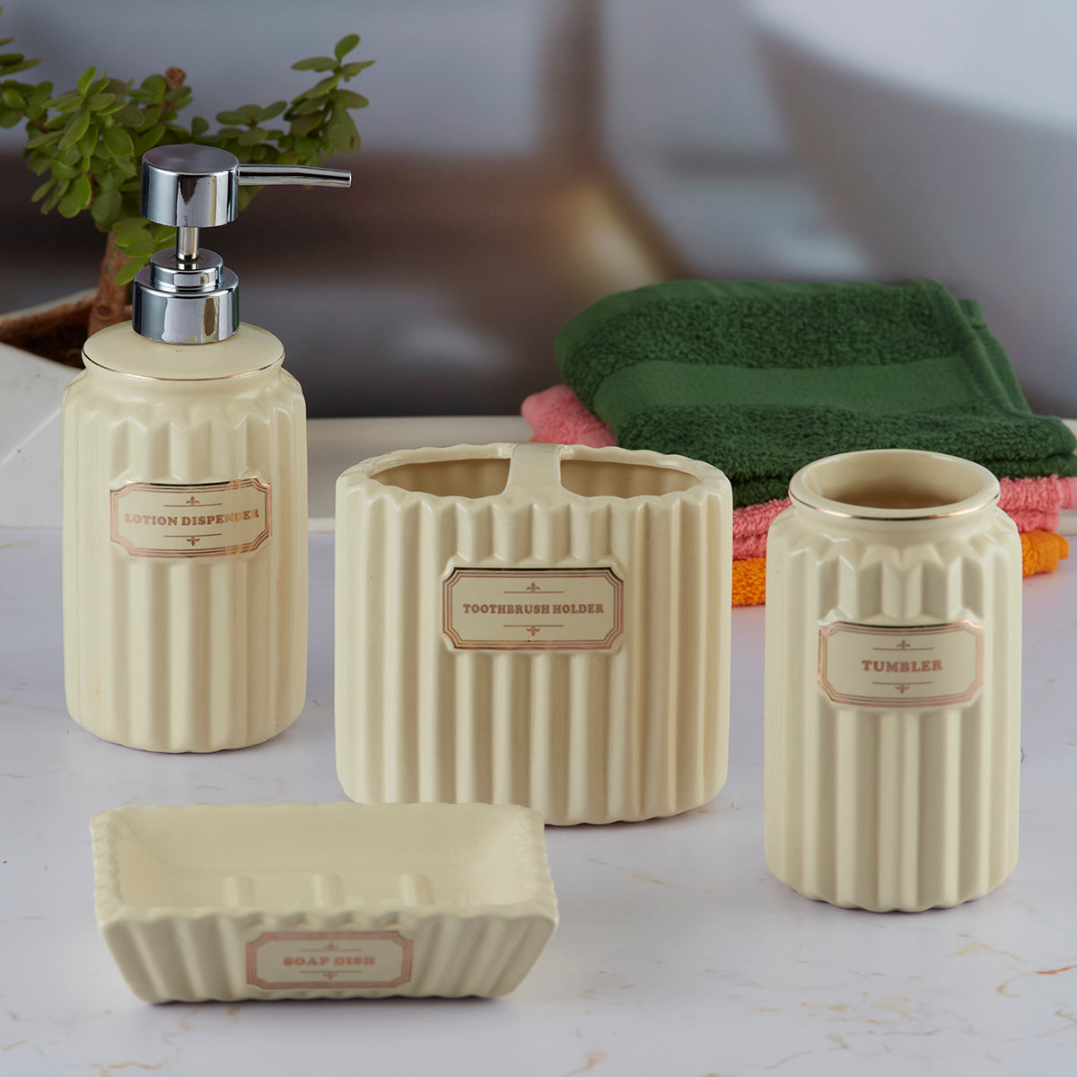 Ceramic Bathroom Accessories Set of 4 with Soap Dispenser (8184)