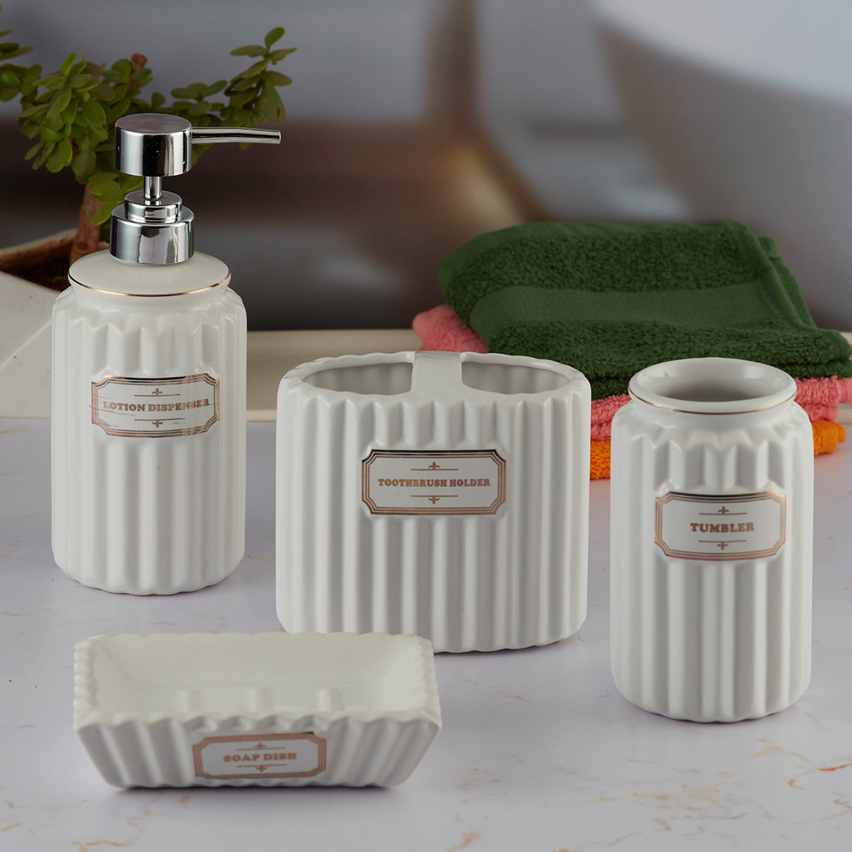 Ceramic Bathroom Accessories Set of 4 with Soap Dispenser (8184)