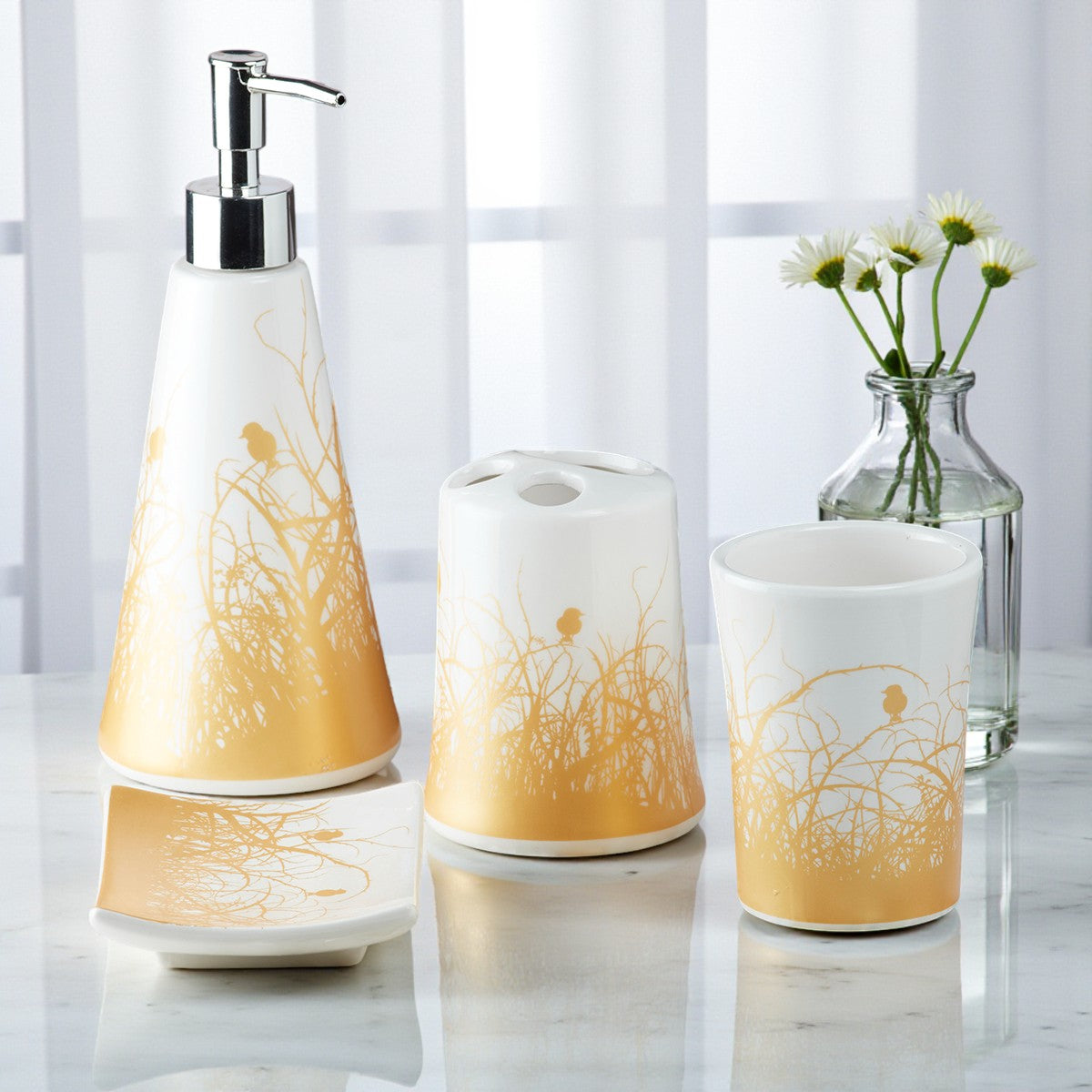 Ceramic Bathroom Set of 4 with Soap Dispenser (8183)