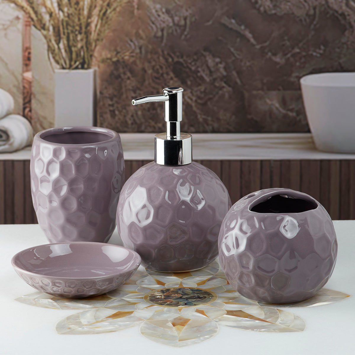 Kookee Ceramic Bathroom Accessories Set of 4, Modern Bath Set with Liquid handwash Soap Dispenser and Toothbrush holder, Luxury Gift Accessory for Home, Purple (8204)