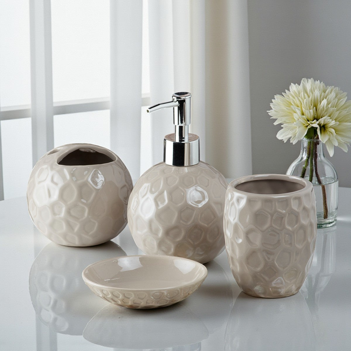Ceramic Bathroom Set of 4 with Soap Dispenser (8203)