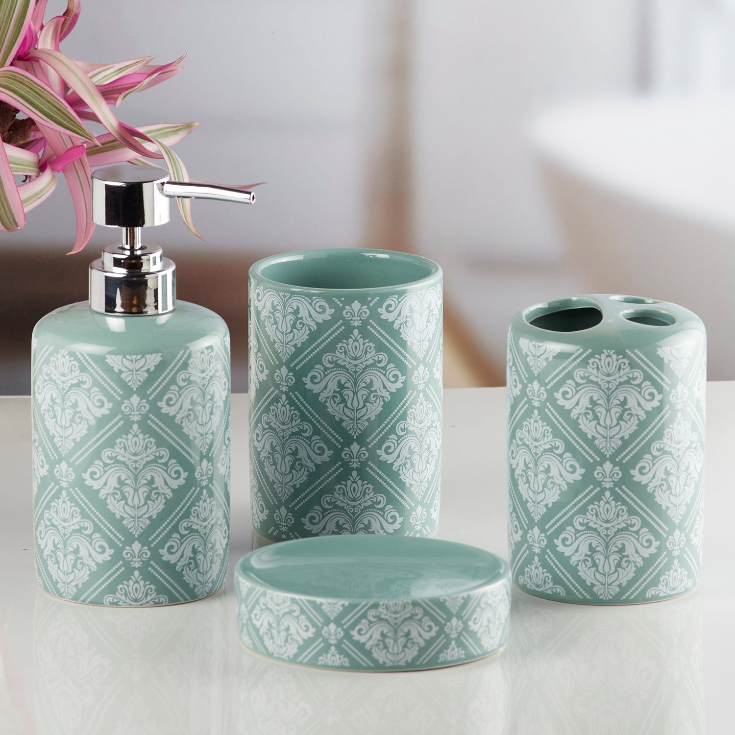Ceramic Bathroom Accessories Set of 4 with Soap Dispenser (8217)